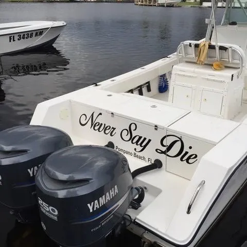 Slide: The Image of 2002 Regulator 32 Forward Seating boat with Yamaha engines, named "Never Say Die." - 19