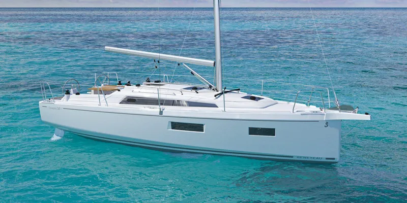 Slide: The Image of 2026 Beneteau Oceanis 34.1 sailboat on clear water. - 12