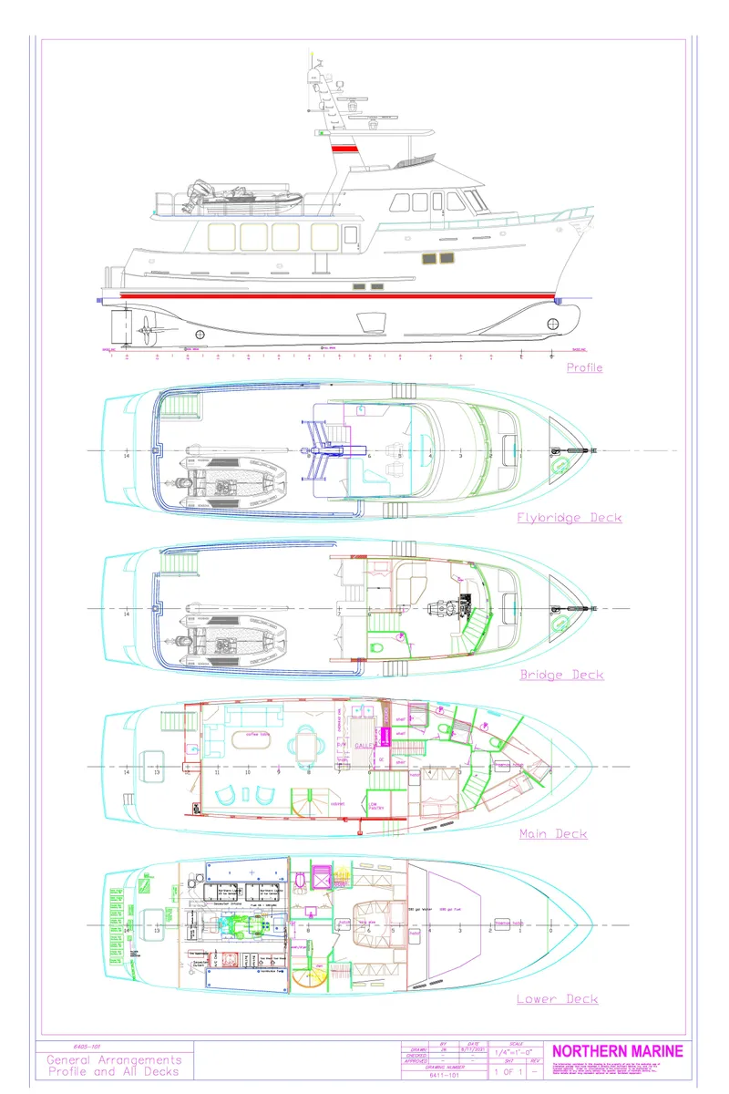 Slide: The Image of Blueprint of 2025 Northern Marine 64 yacht, showing side view and deck layouts. - 5