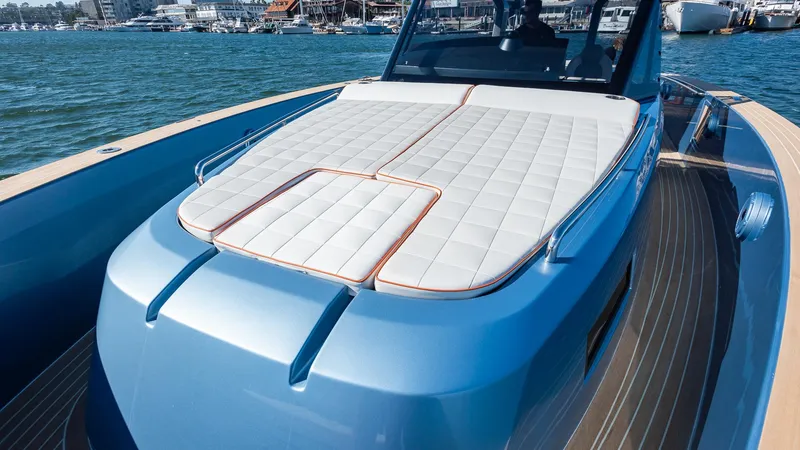 Slide: The Image of 2022 Pardo Yachts 43 with sleek design and spacious sunbathing area on deck. - 10