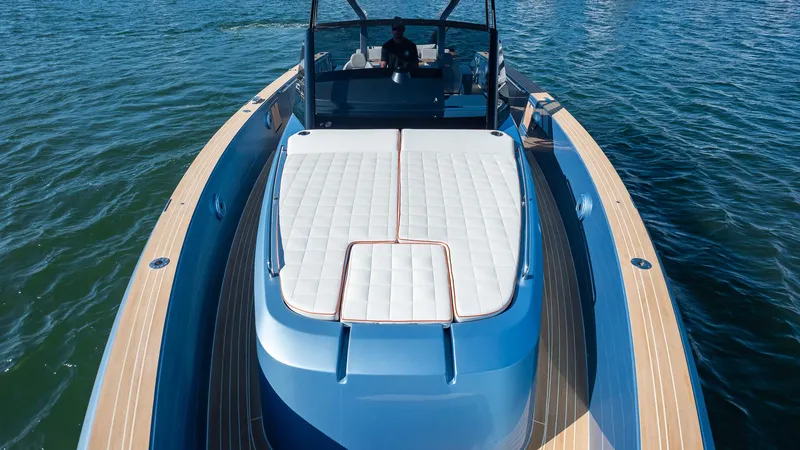 Slide: The Image of 2022 Pardo Yachts 43 on water, featuring sleek design and spacious deck. - 9