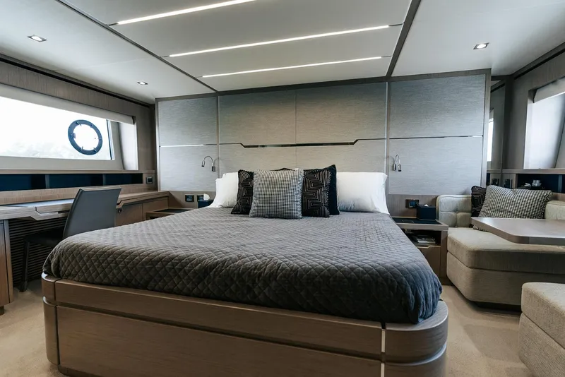 Slide: The Image of Luxurious bedroom interior of 2018 Sunseeker Predator 68 yacht with modern design. - 38