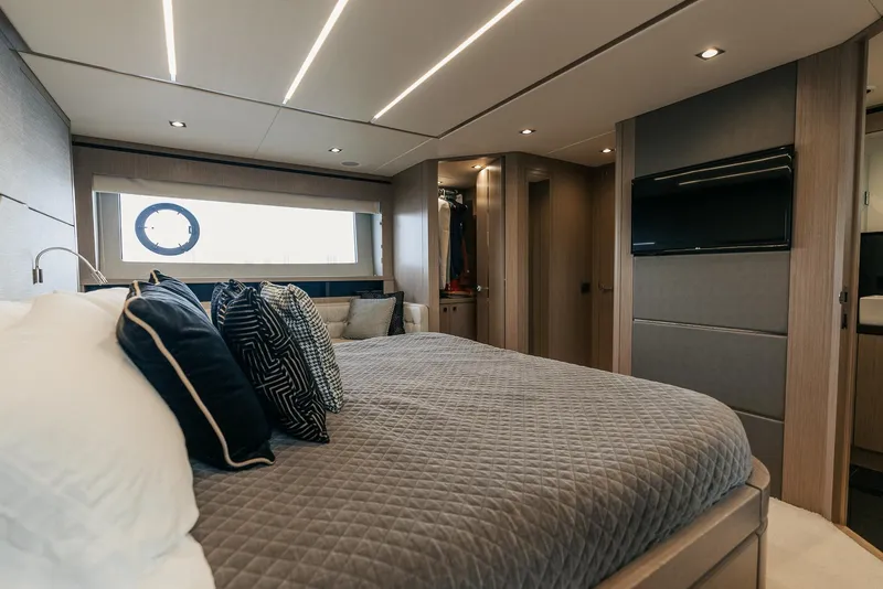 Slide: The Image of Luxurious bedroom interior of 2018 Sunseeker Predator 68 yacht with modern design. - 39
