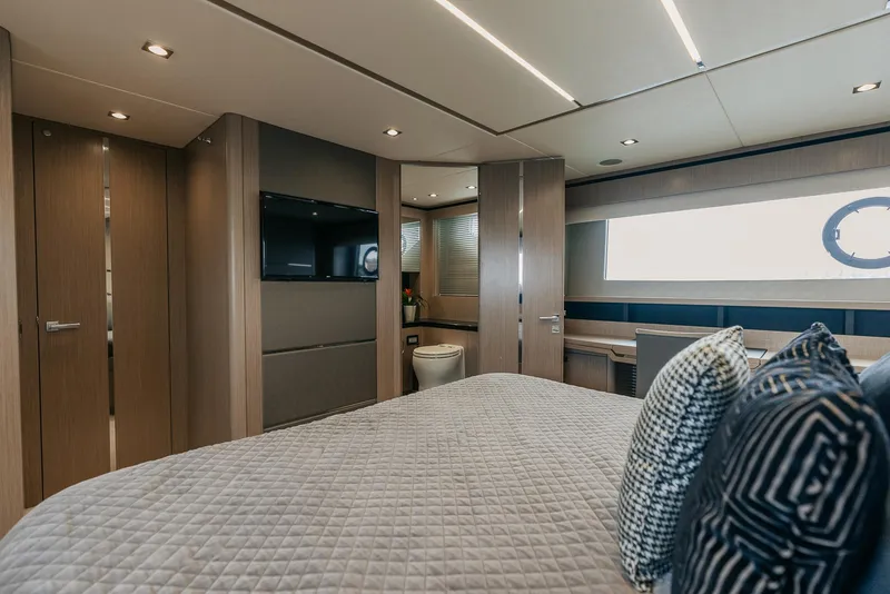 Slide: The Image of Luxurious bedroom interior of 2018 Sunseeker Predator 68 yacht with modern design. - 40