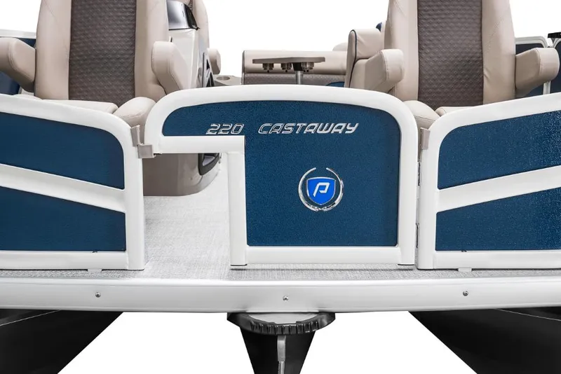 Slide: The Image of 2023 Premier 220 Castaway pontoon boat, rear view with seating and logo. - 31