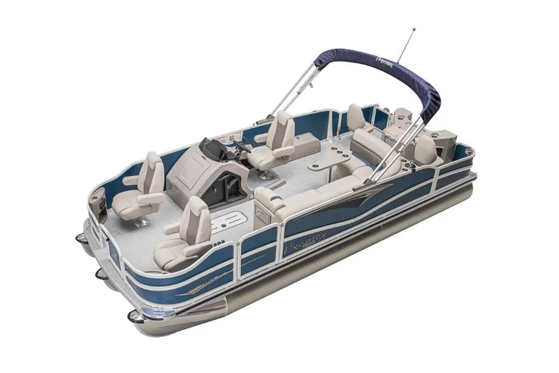 Slide: The Image of 2023 Premier 220 Castaway pontoon boat with blue and beige seating. - 45