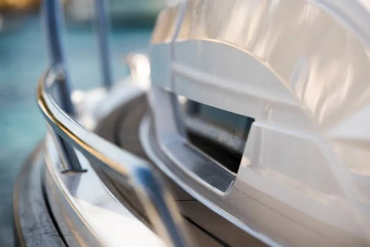 Slide: The Image of Close-up of 2025 Nimbus W9 boat railing and deck. - 28