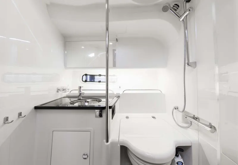 Slide: The Image of Modern bathroom in 2025 Nimbus 305 Coupe with sleek fixtures and compact design. - 10
