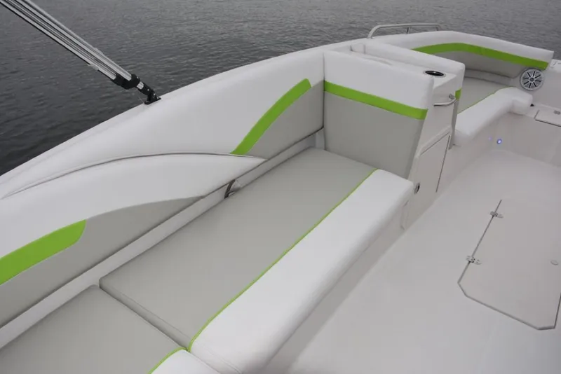 Slide: The Image of 2024 Starcraft 191 SVX OB boat interior with white and green seating. - 17
