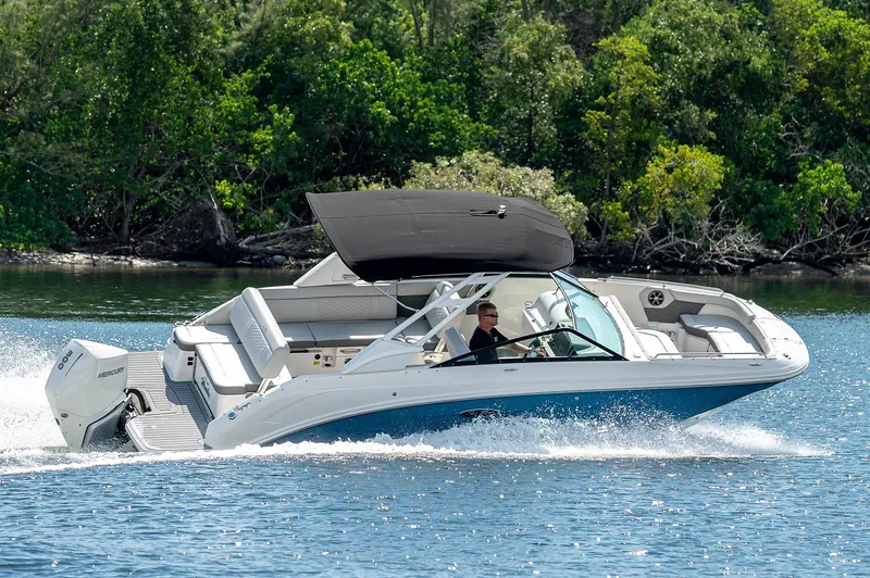 The Image of 2021 Sea Ray 25 SDX boat cruising on a lake with lush greenery in the background. - 0