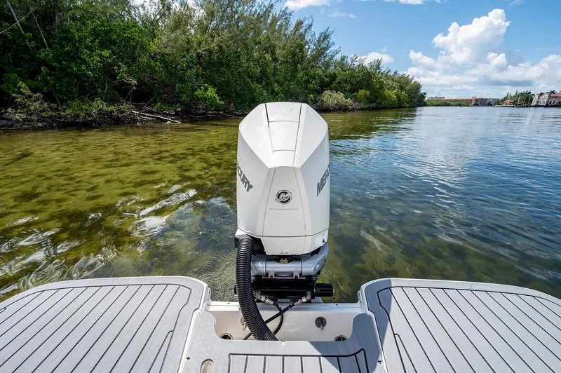 Slide: The Image of 2021 Sea Ray 25 SDX boat with Mercury outboard motor on calm water. - 10