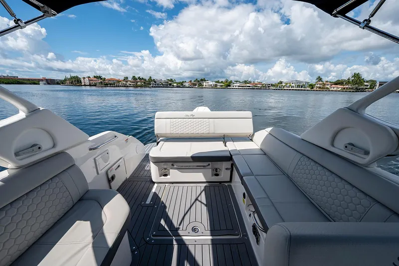 Slide: The Image of 2021 Sea Ray 25 SDX boat interior with luxurious seating on a scenic lake. - 16