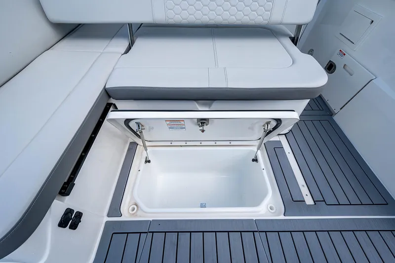 Slide: The Image of 2021 Sea Ray 25 SDX boat with open storage compartment and cushioned seating. - 8