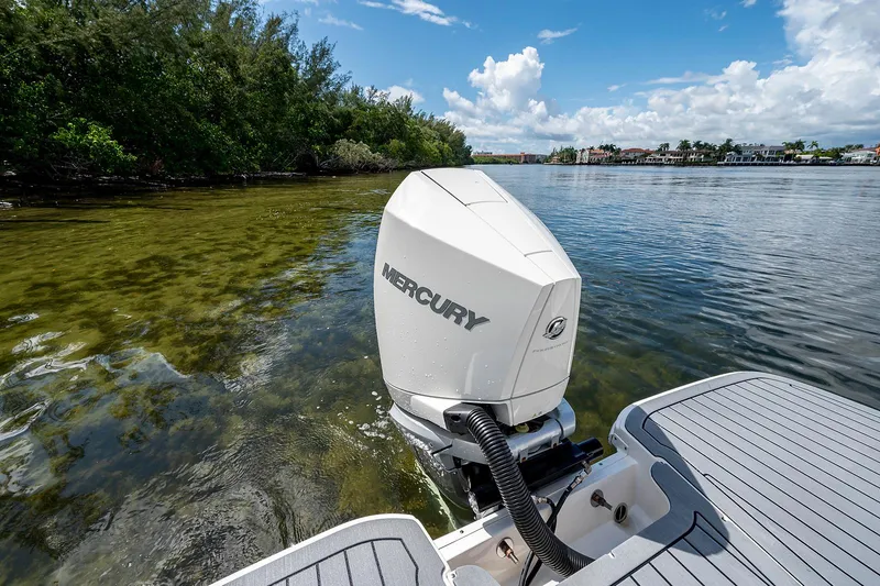 Slide: The Image of 2021 Sea Ray 25 SDX with Mercury outboard motor on calm water. - 9