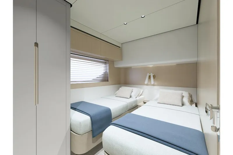 Slide: The Image of Modern twin bedroom on the 2023 Azimut 68 yacht with sleek design and natural light. - 10