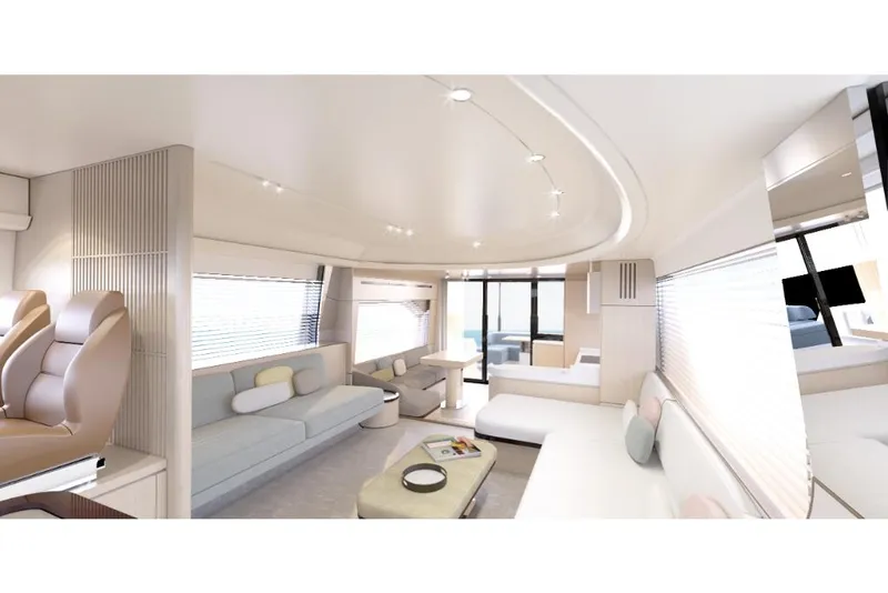 Slide: The Image of Luxurious interior of 2023 Azimut 68 yacht with modern seating and elegant design. - 14