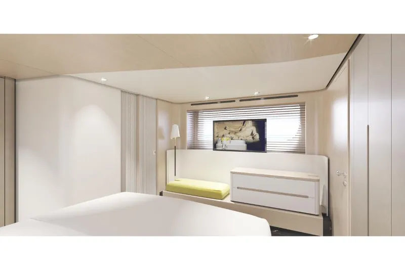 Slide: The Image of Modern bedroom interior of 2023 Azimut 68 yacht with minimalist design. - 15