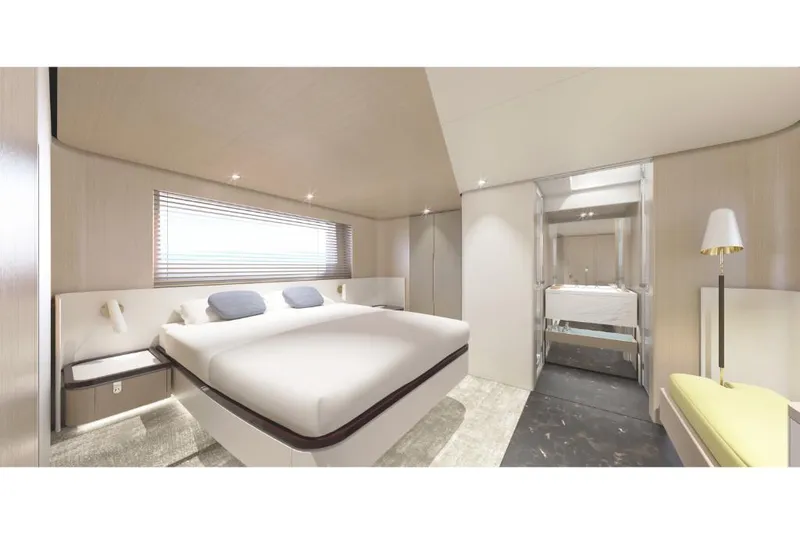 Slide: The Image of Luxurious bedroom interior of 2023 Azimut 68 yacht with modern design and elegant furnishings. - 16