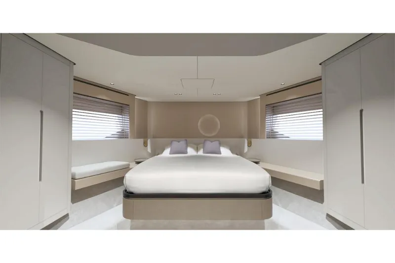 Slide: The Image of Luxurious bedroom interior of 2023 Azimut 68 yacht with modern design and large bed. - 17