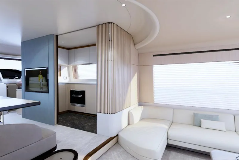 Slide: The Image of Modern interior of 2023 Azimut 68 yacht with sleek design and luxurious furnishings. - 6