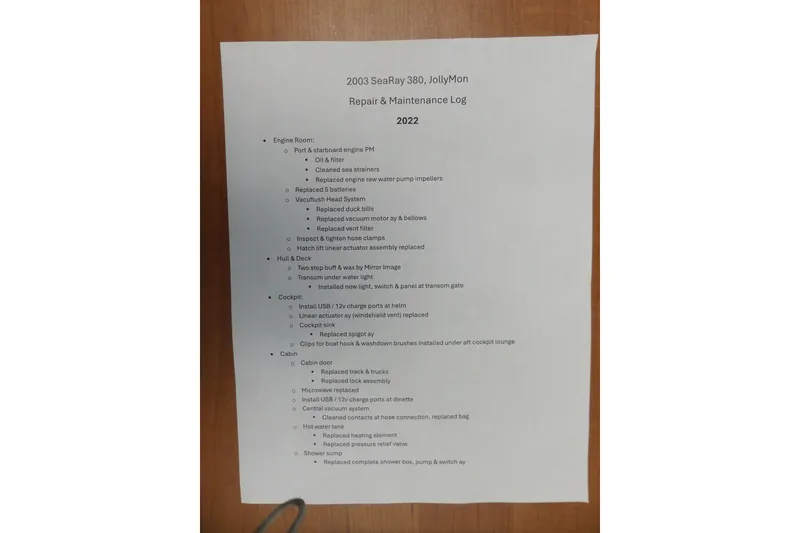 Slide: The Image of Repair and maintenance log for 2003 Sea Ray 380 Sundancer, detailing 2022 updates. - 78