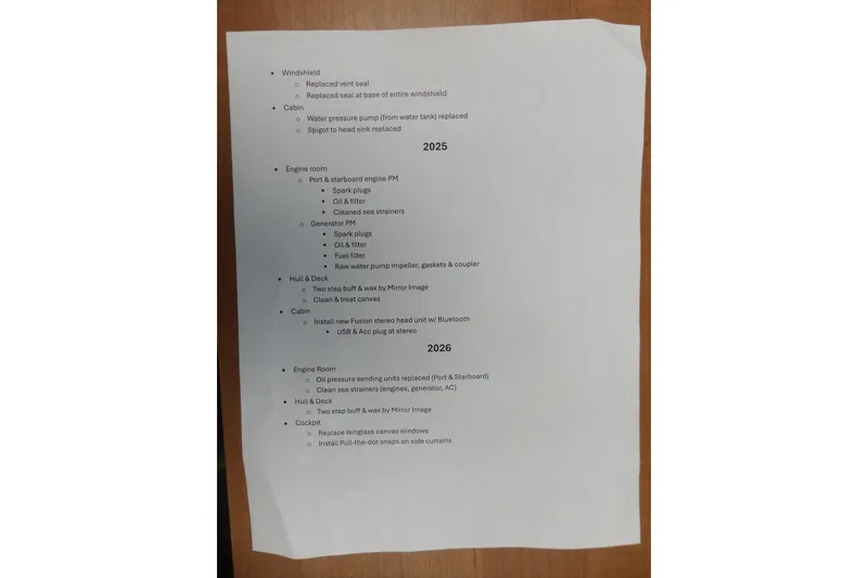 Slide: The Image of Maintenance checklist for a 2003 Sea Ray 380 Sundancer, detailing tasks for 2025 and 2026. - 80