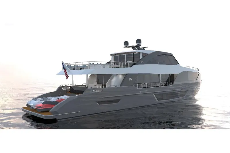 Slide: The Image of 2023 Ocean Alexander 28E luxury yacht on calm waters. - 1