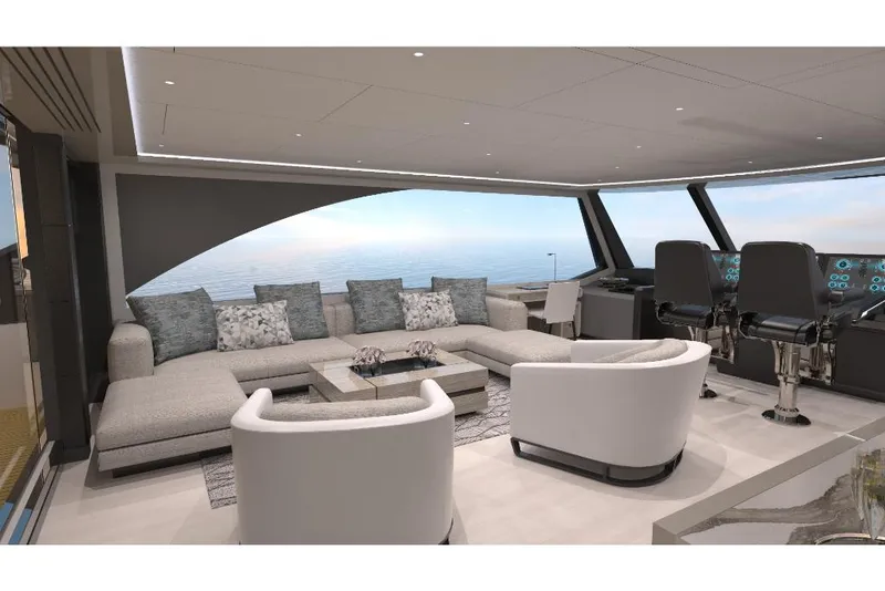 Slide: The Image of Luxurious interior of 2023 Ocean Alexander 28E yacht with modern seating and panoramic ocean view. - 12