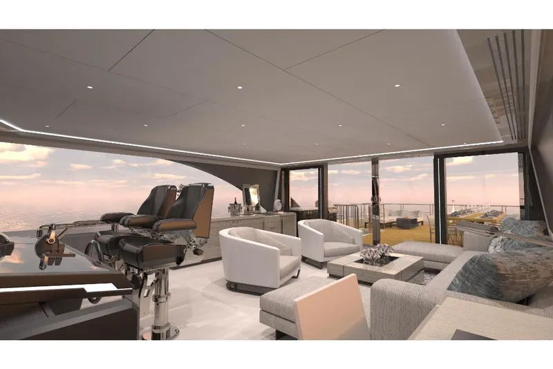 Slide: The Image of Luxurious interior of the 2023 Ocean Alexander 28E yacht with modern seating and panoramic windows. - 15