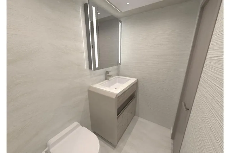 Slide: The Image of Modern bathroom in 2023 Ocean Alexander 28E yacht with sleek vanity and mirror. - 17