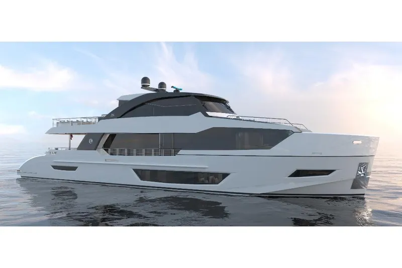 Slide: The Image of 2023 Ocean Alexander 28E luxury yacht on calm waters. - 2
