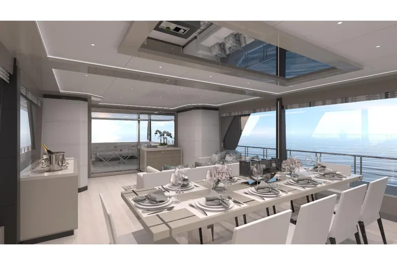Slide: The Image of Luxurious dining area on the 2023 Ocean Alexander 28E yacht with ocean views. - 24