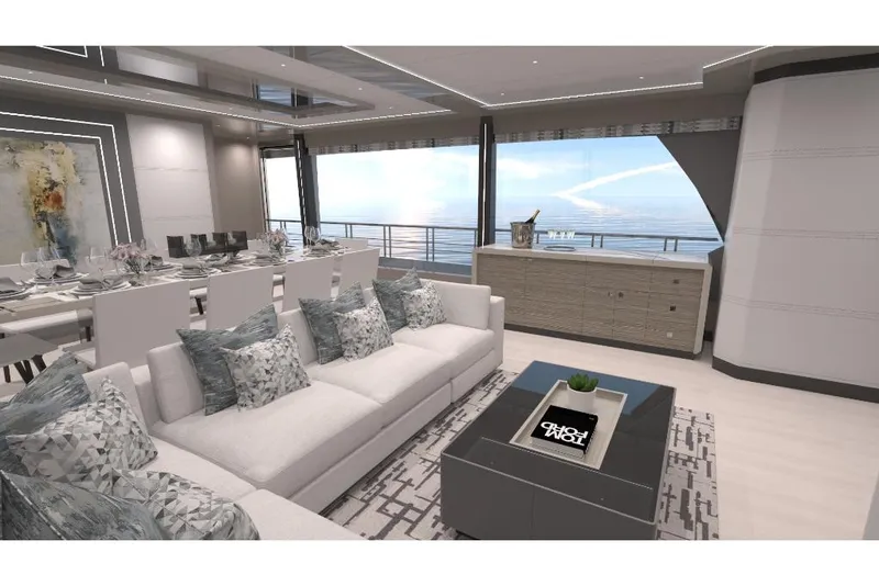 Slide: The Image of Luxurious interior of 2023 Ocean Alexander 28E yacht with ocean view, modern decor, and elegant furnishings. - 26
