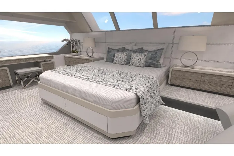 Slide: The Image of Luxurious bedroom interior of 2023 Ocean Alexander 28E yacht with ocean view. - 28
