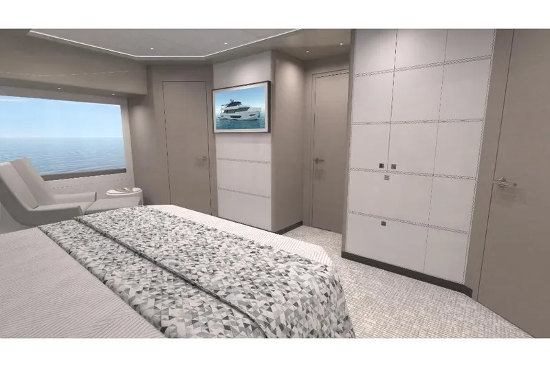 Slide: The Image of Luxurious bedroom interior of 2023 Ocean Alexander 28E yacht with ocean view. - 29