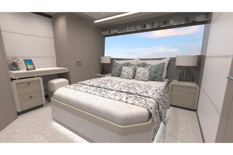 Slide: The Image of Luxurious bedroom interior of 2023 Ocean Alexander 28E yacht with modern decor. - 36