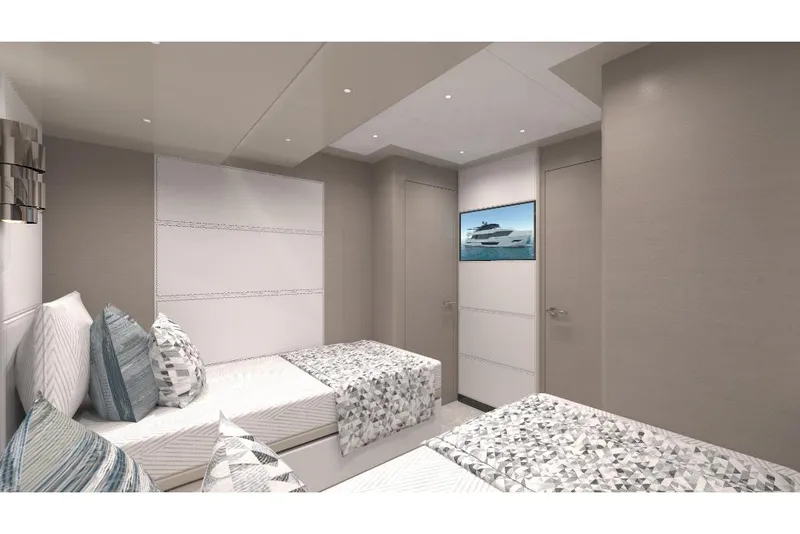 Slide: The Image of Modern bedroom interior on 2023 Ocean Alexander 28E yacht with twin beds and stylish decor. - 40