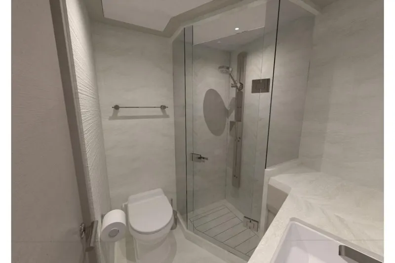 Slide: The Image of 2023 Ocean Alexander 28E yacht bathroom with glass shower enclosure and modern fixtures. - 42