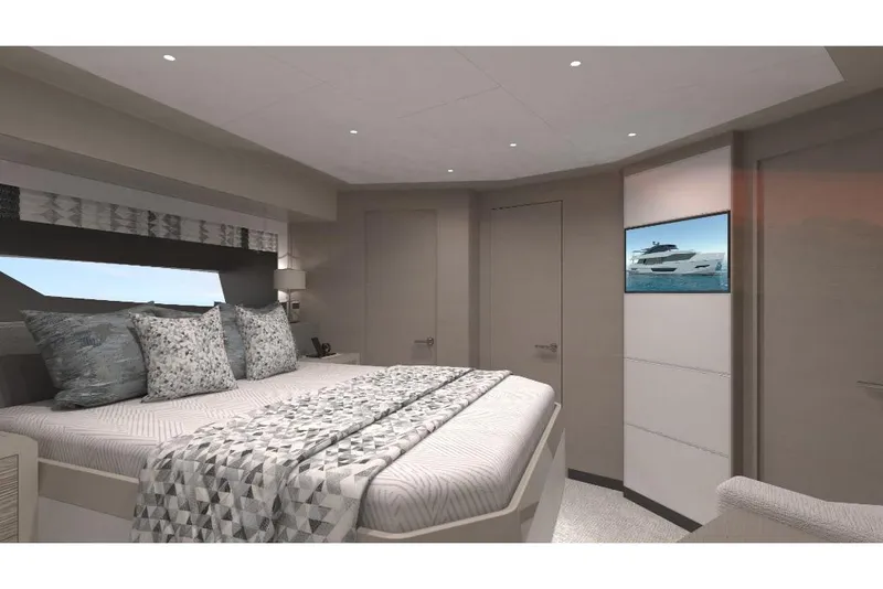 Slide: The Image of Luxurious bedroom interior of 2023 Ocean Alexander 28E yacht with modern decor. - 43