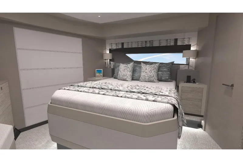 Slide: The Image of Luxurious bedroom interior of 2023 Ocean Alexander 28E yacht with modern decor. - 44