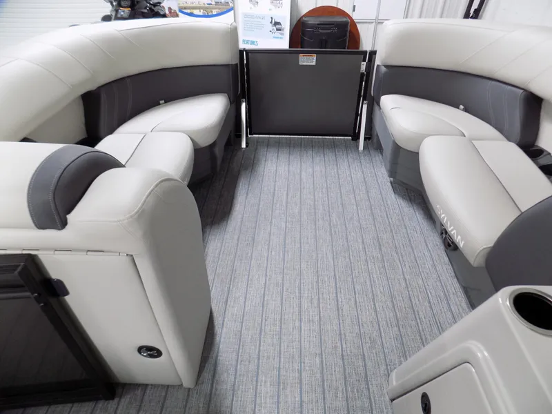 Slide: The Image of 2023 Sylvan Mirage X X3 CLZ pontoon boat interior with gray seating and flooring. - 3