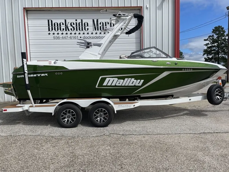 Slide: The Image of 2021 Malibu 22 LSV Wakesetter boat on trailer at Dockside Marine. - 0