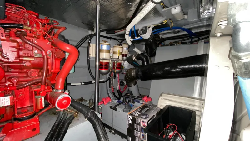 Slide: The Image of Engine room of a 2001 Sea Ray 460 Sundancer with visible components and wiring. - 34