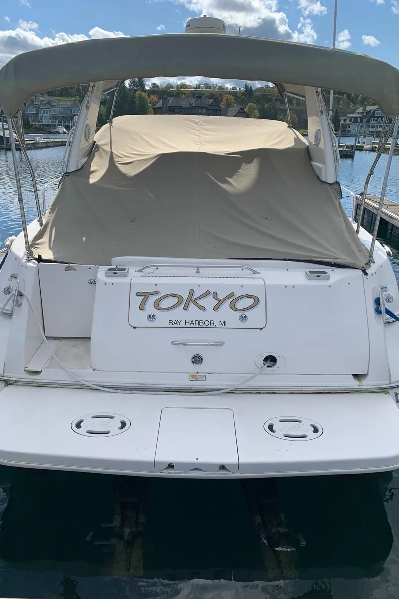 Slide: The Image of 2001 Sea Ray 310 Sundancer boat docked, covered, with "Tokyo" on the stern. - 4
