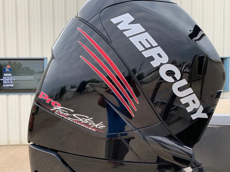 Slide: The Image of Mercury Pro FourStroke outboard motor on 2015 Avalon Ambassador boat. - 2