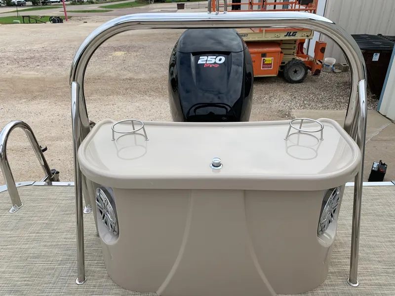 Slide: The Image of 2015 Avalon Ambassador Rear J Lounge boat with 250 Pro motor, rear view. - 28