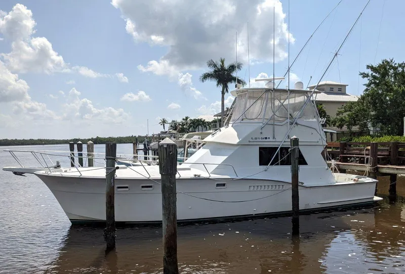 The Image of 1977 Hatteras 46 Convertible yacht docked by palm trees under a partly cloudy sky. - 0
