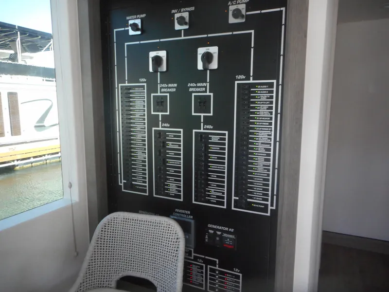 Slide: The Image of Electrical control panel on Adonia Melody Share #12 houseboat, 2021 model, with chair nearby. - 16