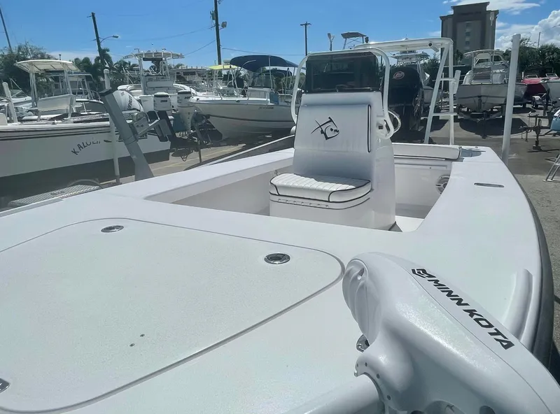 Slide: The Image of 2025 Piranha Magro P180 boat with Minn Kota motor, docked under clear blue sky. - 24