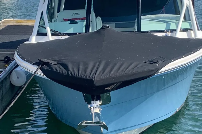Slide: The Image of 2022 Cobia 240 DC boat docked with black cover, front view. - 3